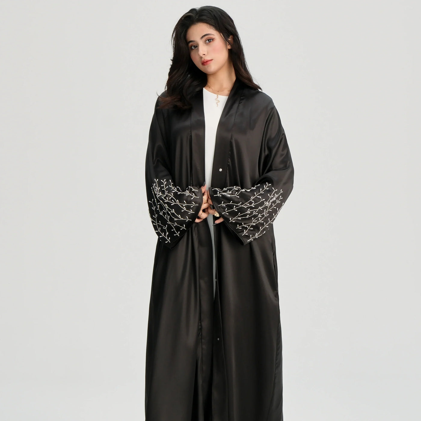 LM124 Pearl Beaded Rhinestone Satin Abaya | Elegant Open Cardigan for Women - LM124-Black-S (52) LumosModesty