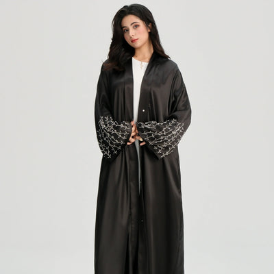 LM124 Pearl Beaded Rhinestone Satin Abaya | Elegant Open Cardigan for Women - LM124-Black-S (52) LumosModesty