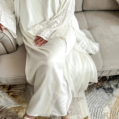 LM124 Pearl Beaded Rhinestone Satin Abaya | Elegant Open Cardigan for Women - LM124-White-S (52) LumosModesty