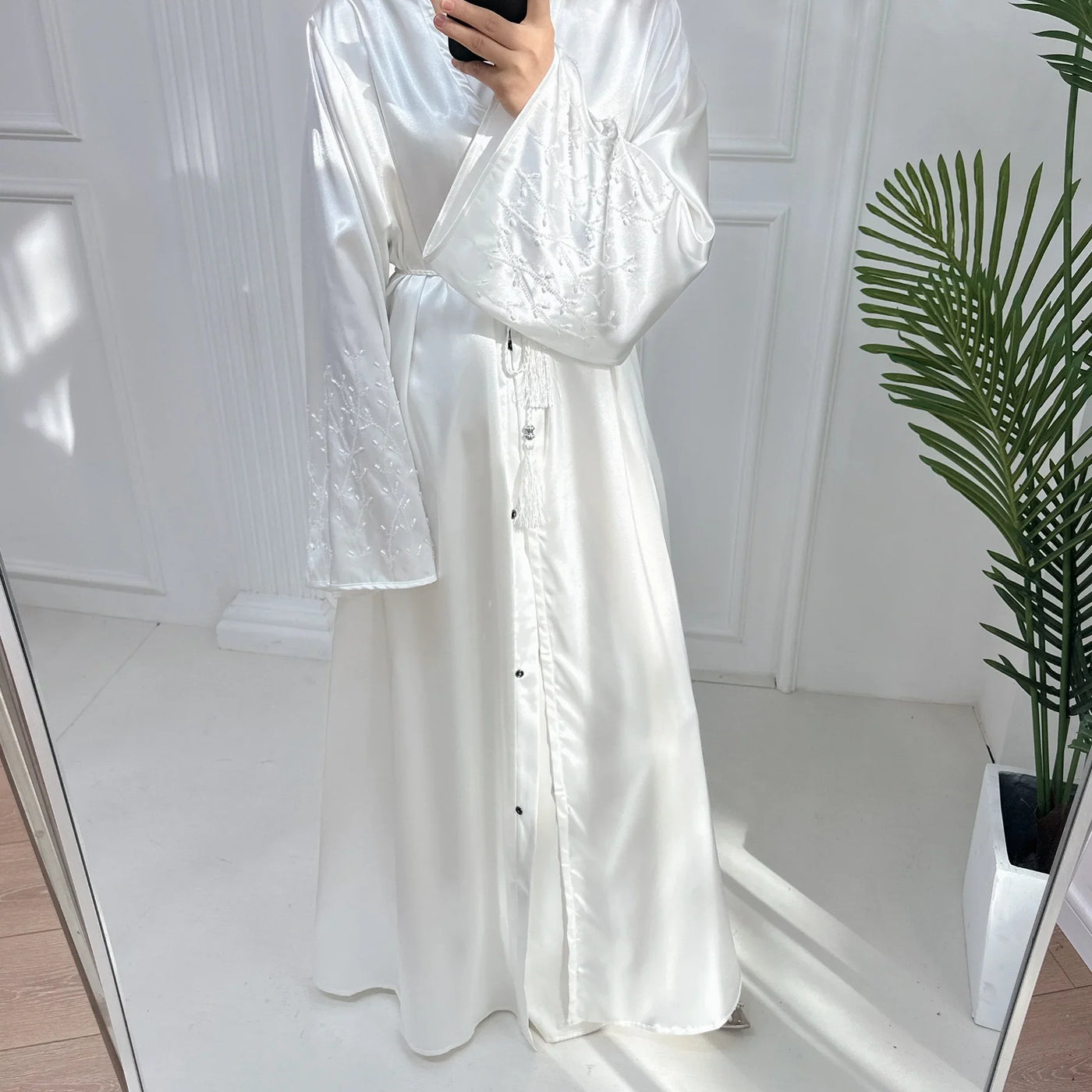 LM124 Pearl Beaded Rhinestone Satin Abaya | Elegant Open Cardigan for Women - LM124-White-S (52) LumosModesty