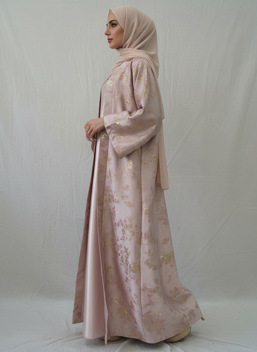 LM178 Sakura Pink Kimono Abaya Dress – Embroidered Modest Wear for Eid & Weddings （ Ship now）