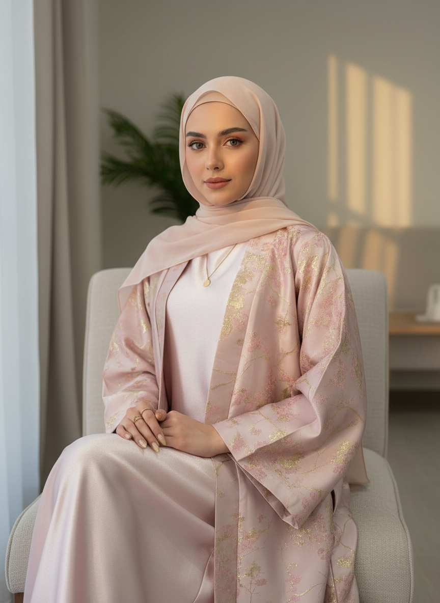LM178 Sakura Pink Kimono Abaya Dress – Embroidered Modest Wear for Eid & Weddings （ Ship now）