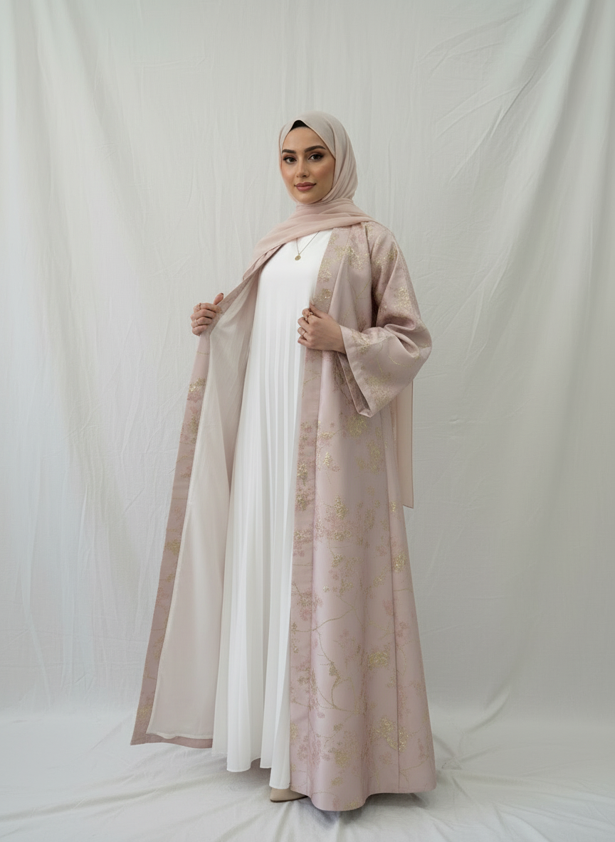LM178 Sakura Pink Kimono Abaya Dress – Embroidered Modest Wear for Eid & Weddings （ Ship now）