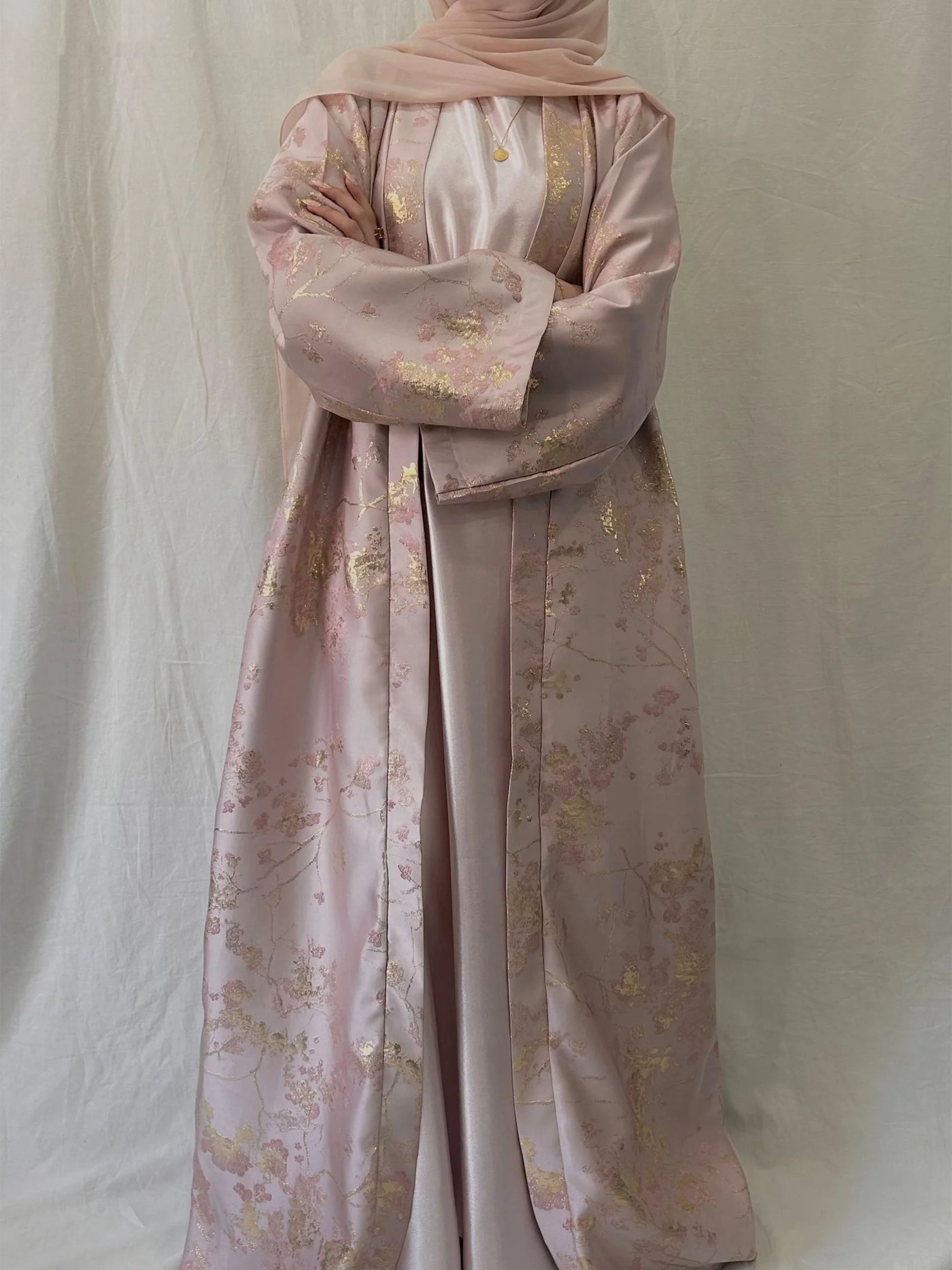 LM178 Sakura Pink Kimono Abaya | Embroidered Modest Dress  LumosModesty