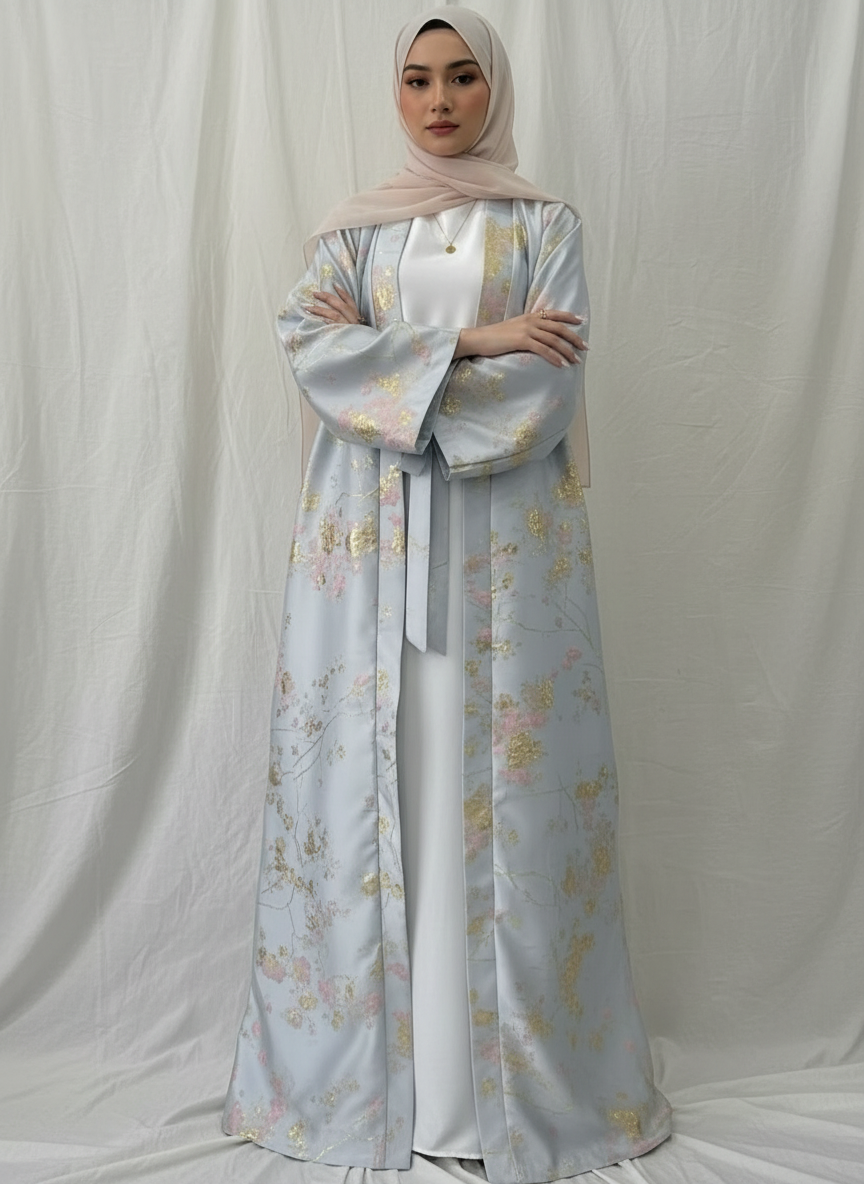 LM178 Sakura Pink Kimono Abaya Dress – Embroidered Modest Wear for Eid & Weddings （ Ship now）