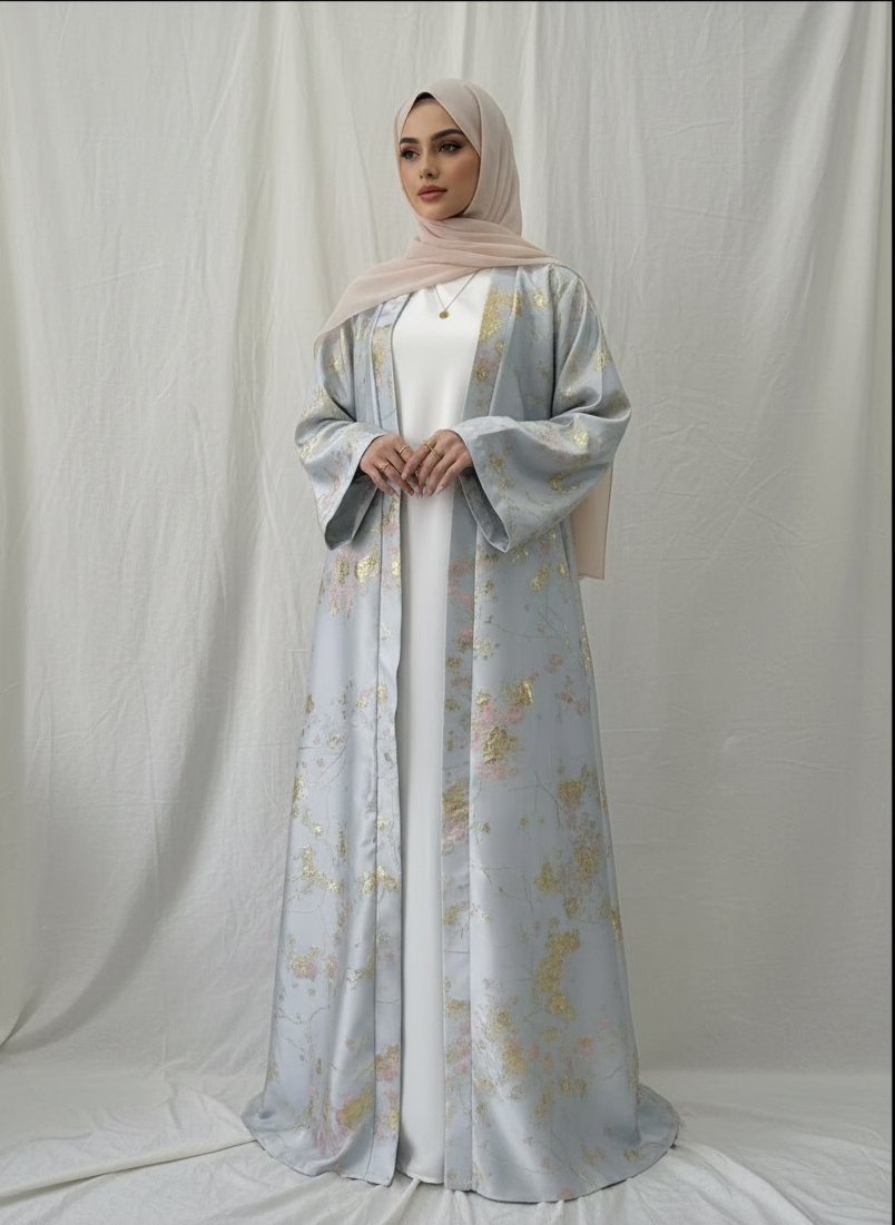 LM178 Sakura Pink Kimono Abaya Dress – Embroidered Modest Wear for Eid & Weddings （ Ship now）