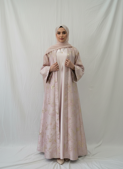 LM178 Sakura Pink Kimono Abaya Dress – Embroidered Modest Wear for Eid & Weddings （ Ship now）