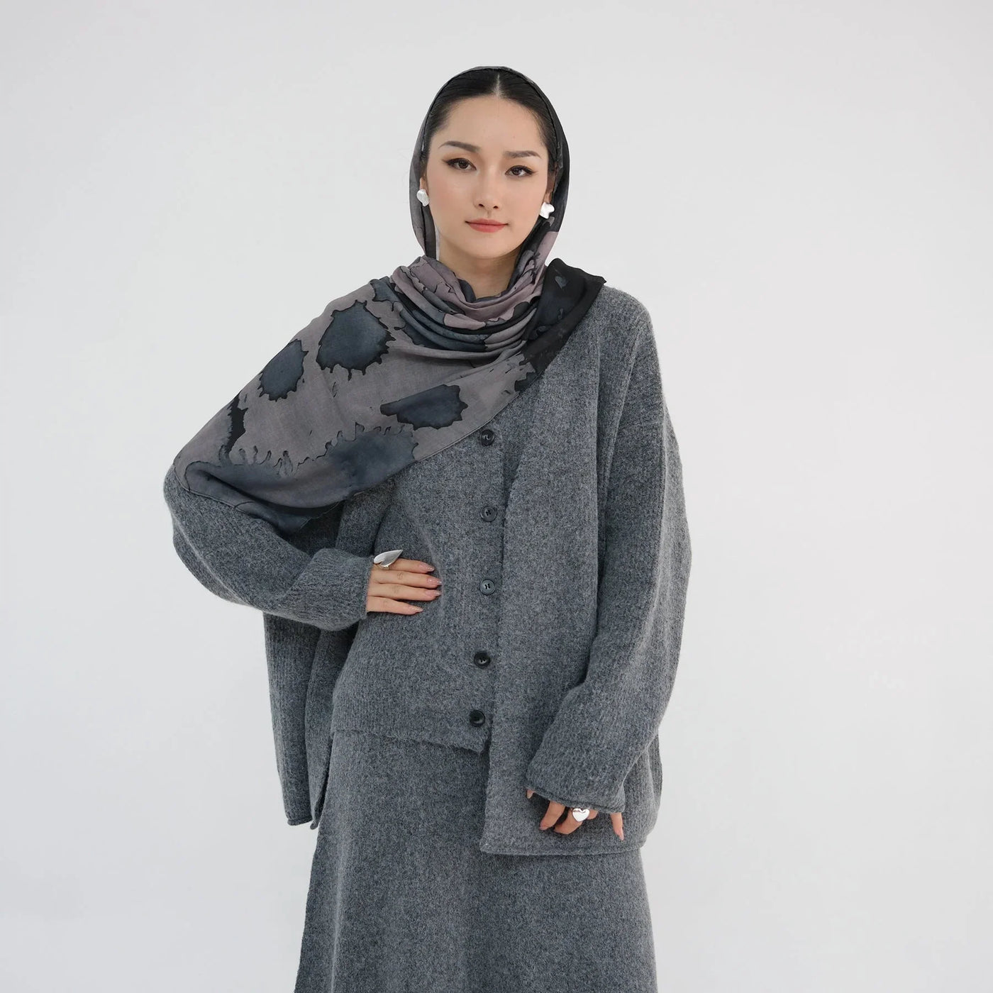 Muslim Winter Knit Set - LM225 3-Piece Abaya Cardigan Outfit 