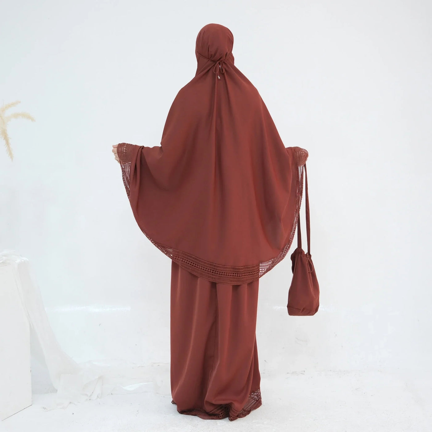 LM300 Khimar Prayer Set – 4-Piece Modest Outfit with Lace Trim - LR956-Dark Gray-Free Size LumosModesty