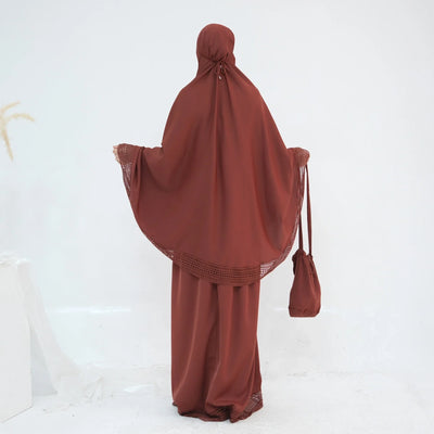 LM300 Khimar Prayer Set – 4-Piece Modest Outfit with Lace Trim - LR956-Dark Gray-Free Size LumosModesty