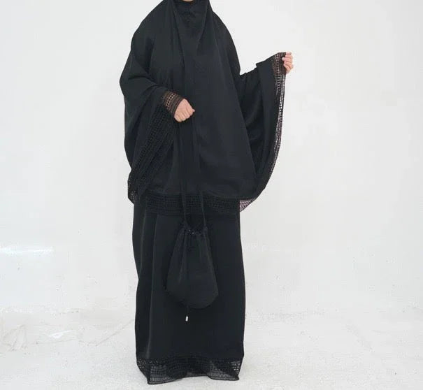 LM300 Khimar Prayer Set – 4-Piece Modest Outfit with Lace Trim - LR956-Dark Gray-Free Size LumosModesty