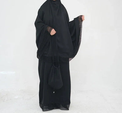 LM300 Khimar Prayer Set – 4-Piece Modest Outfit with Lace Trim - LR956-Dark Gray-Free Size LumosModesty