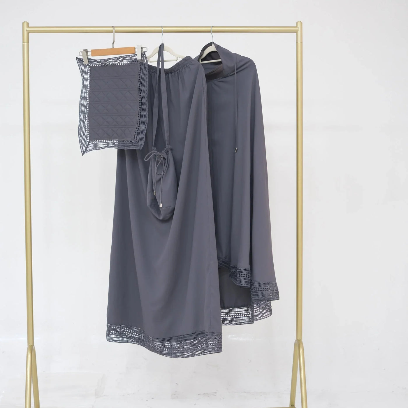 LM300 Khimar Prayer Set – 4-Piece Modest Outfit with Lace Trim - LR956-Dark Gray-Free Size LumosModesty