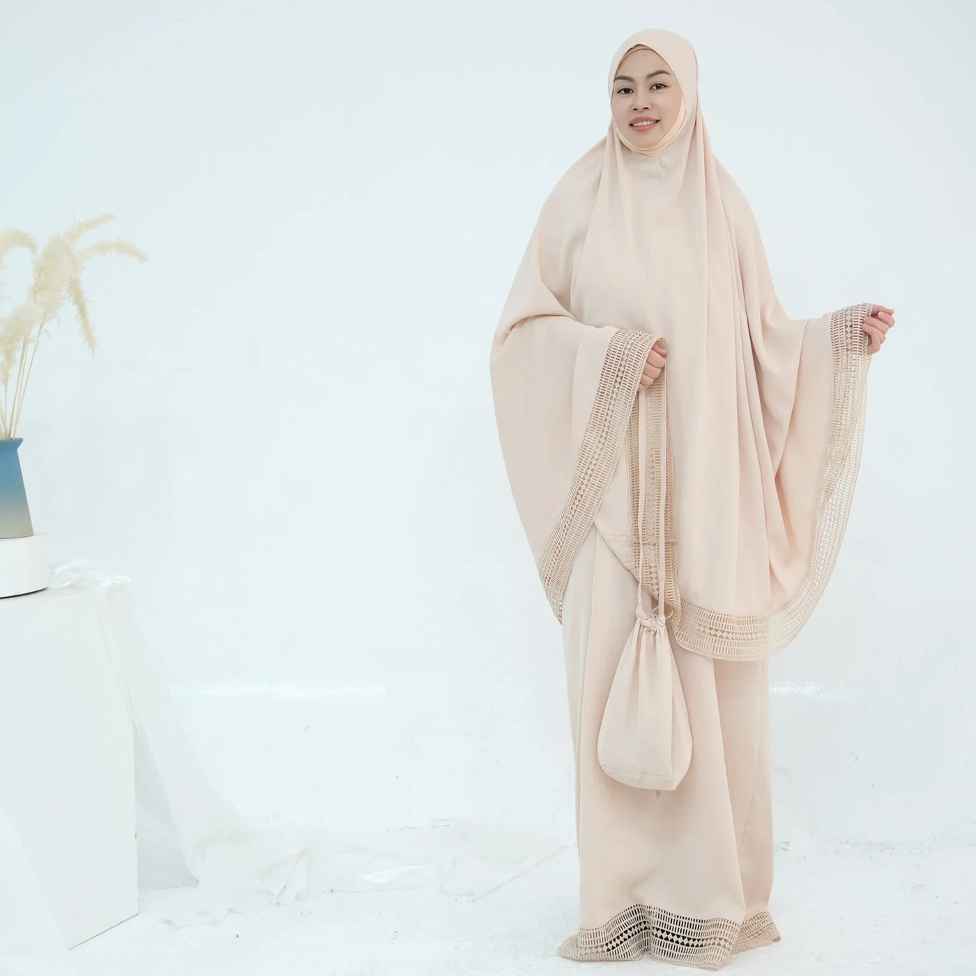 LM300 Khimar Prayer Set – 4-Piece Modest Outfit with Lace Trim - LR956-Dark Gray-Free Size LumosModesty