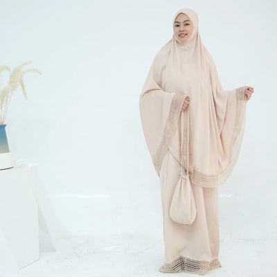 LM300 Khimar Prayer Set – 4-Piece Modest Outfit with Lace Trim - LR956-Dark Gray-Free Size LumosModesty