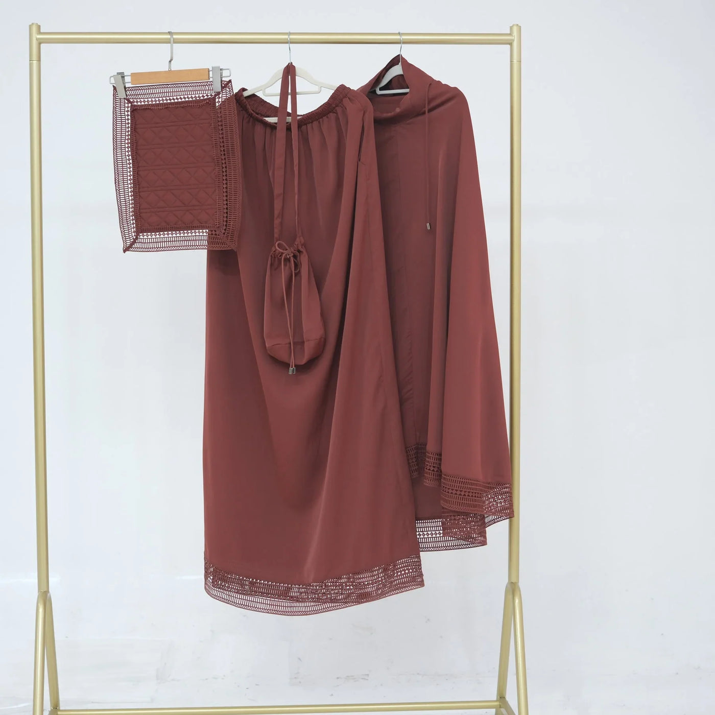 LM300 Khimar Prayer Set – 4-Piece Modest Outfit with Lace Trim - LR956-Dark Gray-Free Size LumosModesty