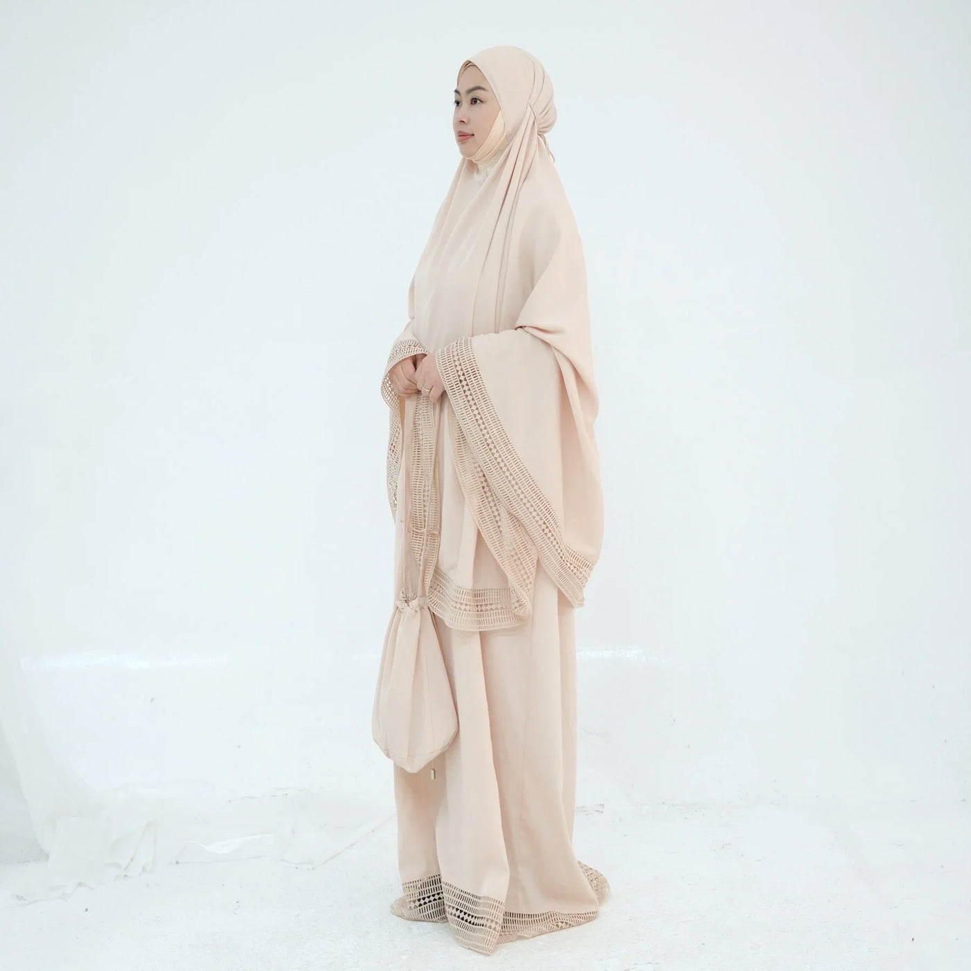 LM300 Khimar Prayer Set – 4-Piece Modest Outfit with Lace Trim - LR956-Dark Gray-Free Size LumosModesty