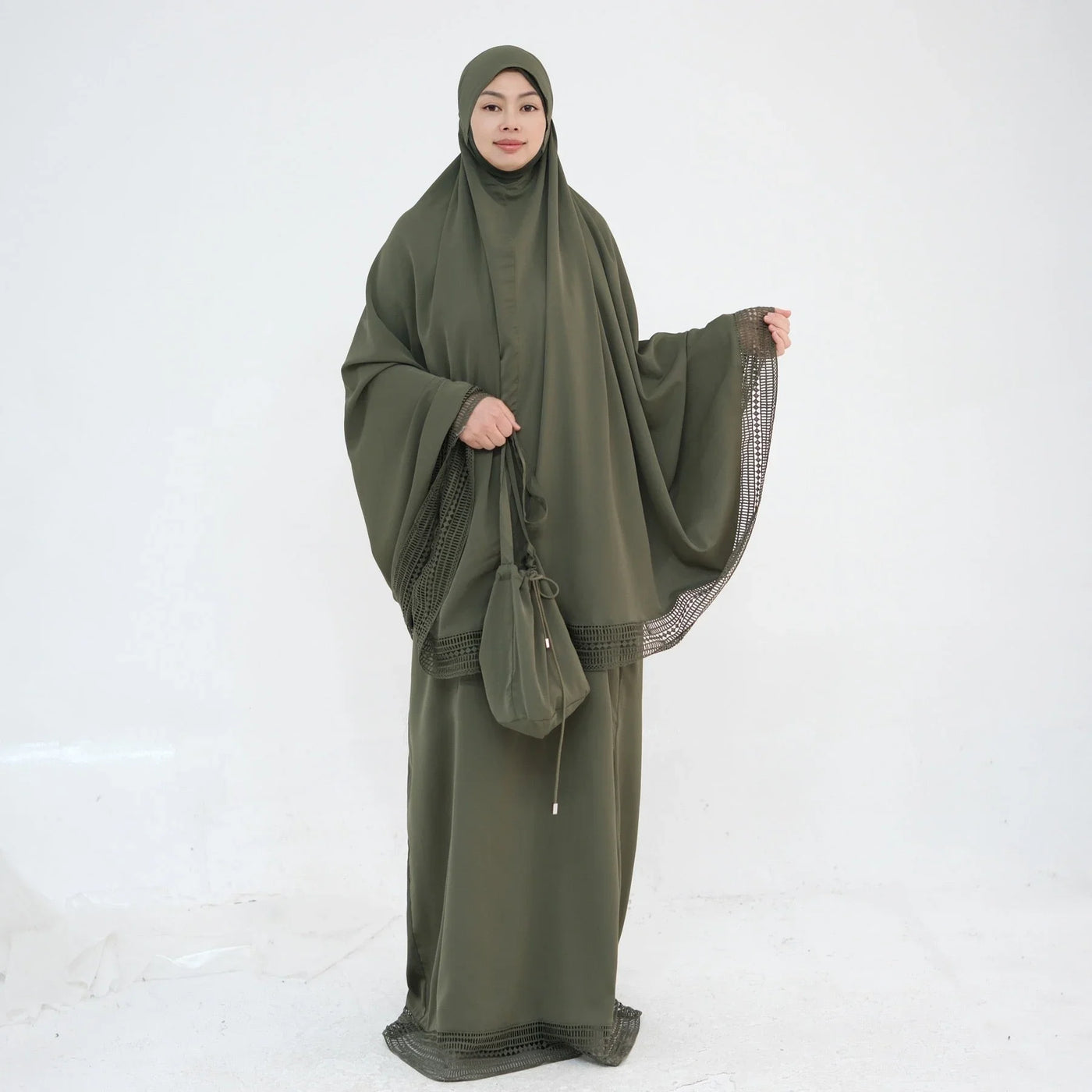 LM300 Khimar Prayer Set – 4-Piece Modest Outfit with Lace Trim - LR956-Dark Gray-Free Size LumosModesty