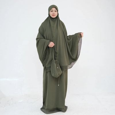 LM300 Khimar Prayer Set – 4-Piece Modest Outfit with Lace Trim - LR956-Dark Gray-Free Size LumosModesty