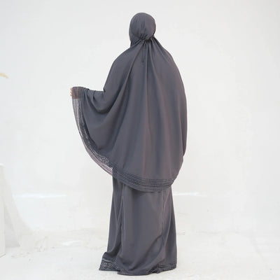 LM300 Khimar Prayer Set – 4-Piece Modest Outfit with Lace Trim - LR956-Dark Gray-Free Size LumosModesty