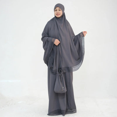 LM300 Khimar Prayer Set – 4-Piece Modest Outfit with Lace Trim - LR956-Dark Gray-Free Size LumosModesty