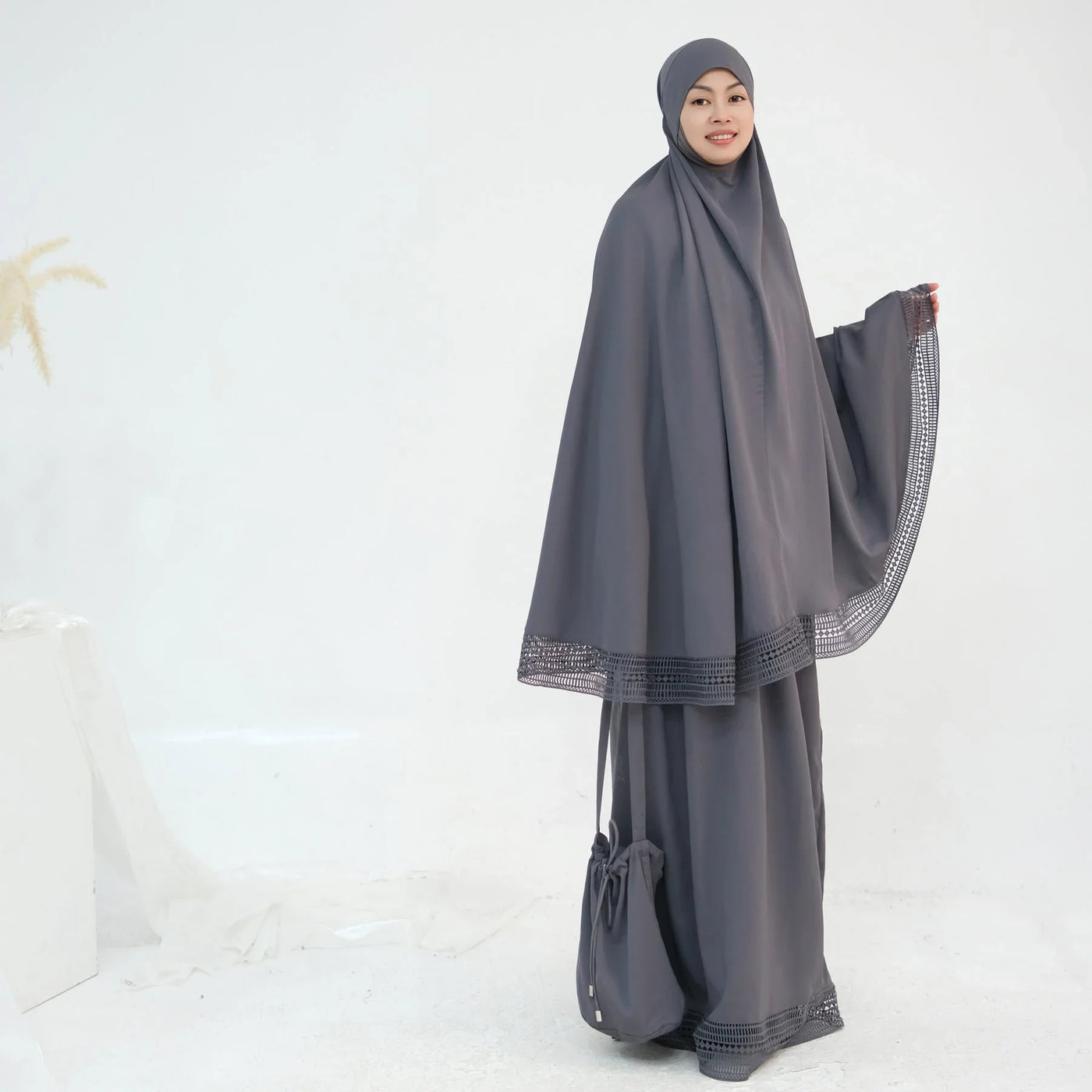 LM300 Khimar Prayer Set – 4-Piece Modest Outfit with Lace Trim - LR956-Dark Gray-Free Size LumosModesty