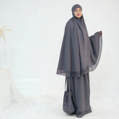 LM300 Khimar Prayer Set – 4-Piece Modest Outfit with Lace Trim - LR956-Dark Gray-Free Size LumosModesty