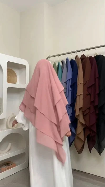 LM509 Lightweight Three Layer Chiffon Khimar Hijab | Modest Full Coverage for Muslim Women - LM509-Pink LumosModesty