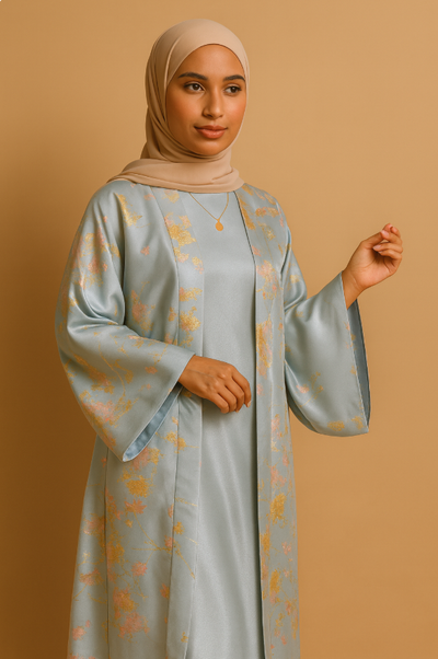 LM178 Sakura Pink Kimono Abaya Dress – Embroidered Modest Wear for Eid & Weddings