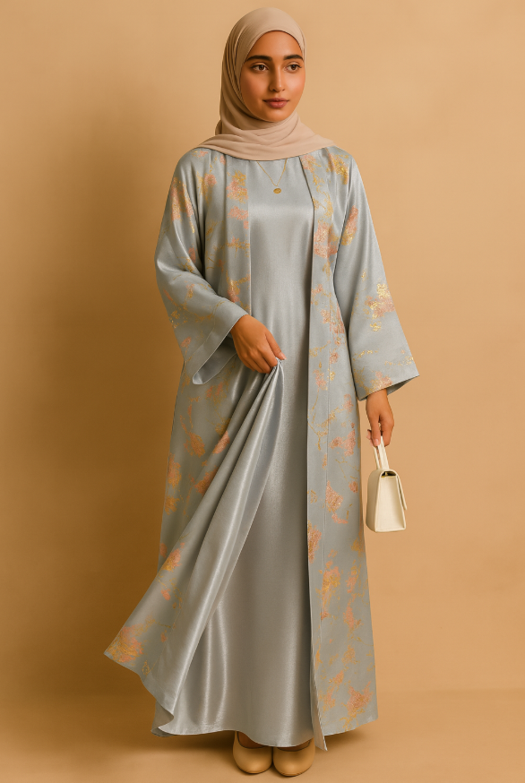 LM178 Sakura Pink Kimono Abaya Dress – Embroidered Modest Wear for Eid & Weddings